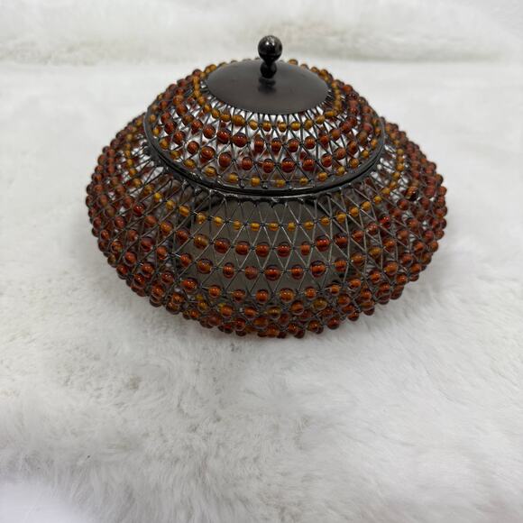 Contemporary arts beaded container with lid amber brown metal - Picture 1 of 8